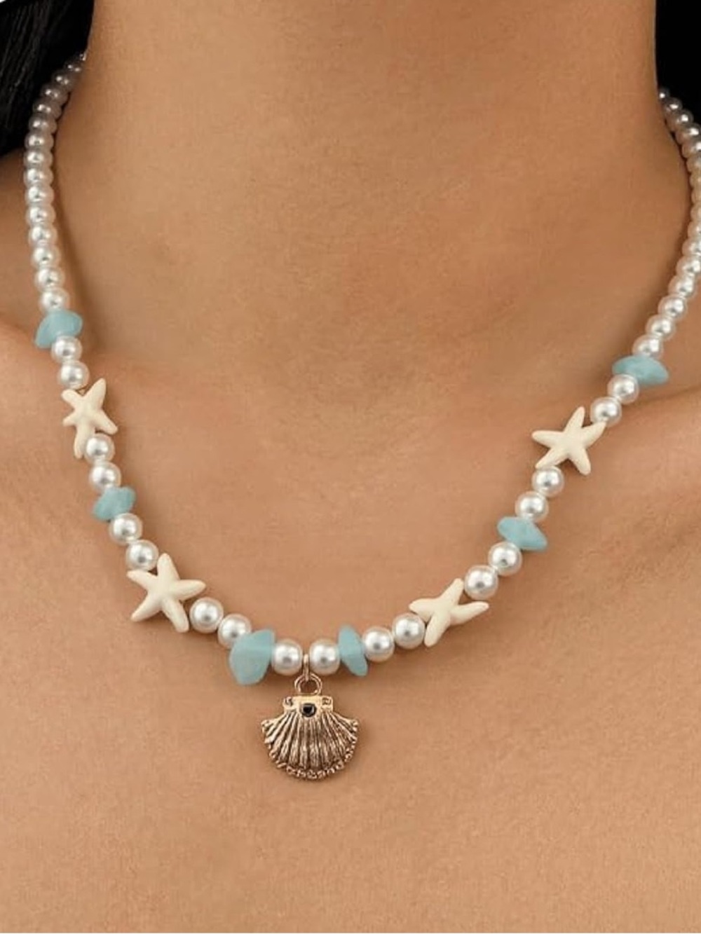 Anthropologie White Pearl Necklace with Turquoise Beads and Gold Shell Charm